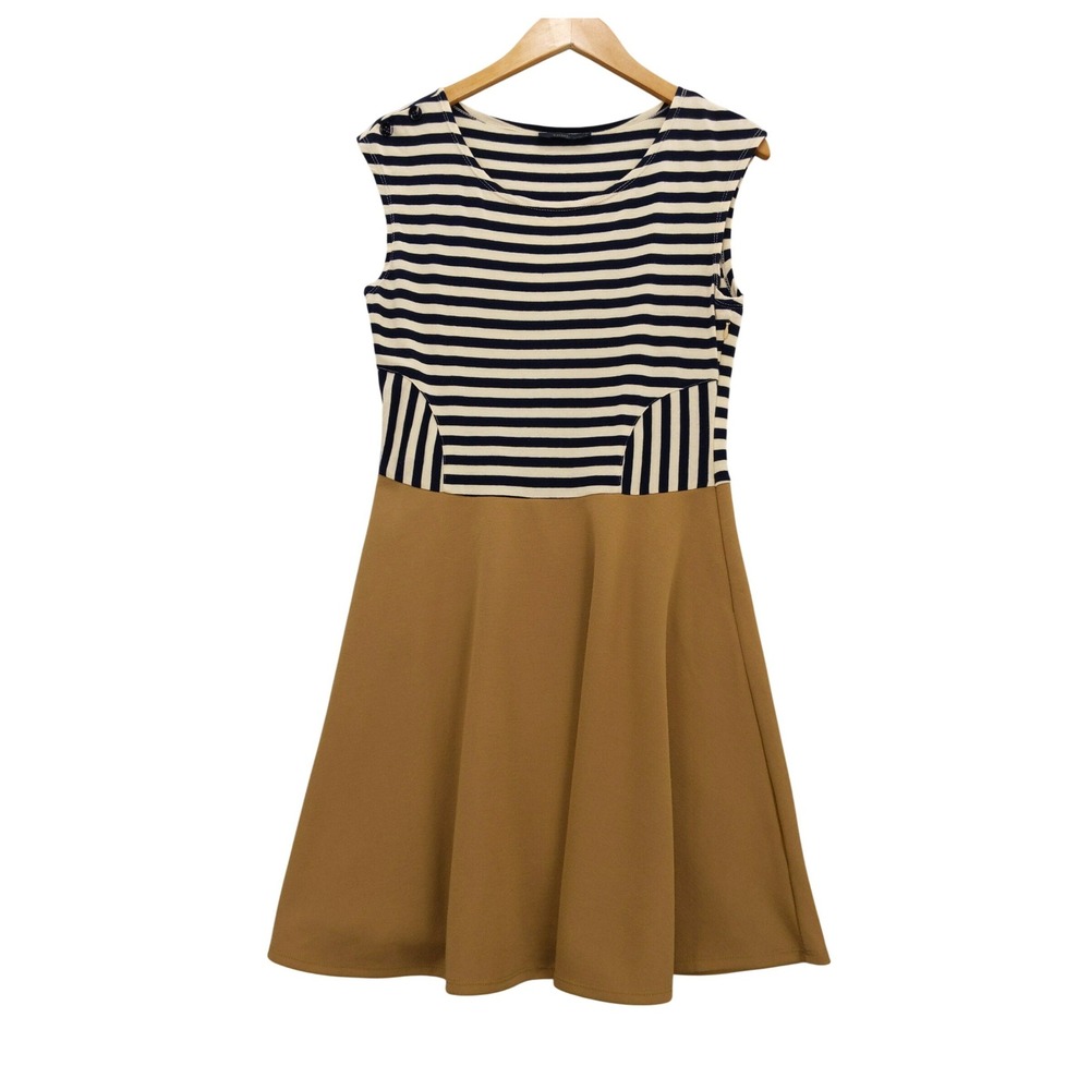 THML Fit and Flare Dress Women Large Brown Striped Sleeveless Button Accent